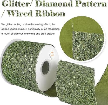 HUIHUANG Moss Green Wired Christmas Ribbon 4 inch Moss Glitter Wired Ribbon Diamond Mesh Wire Ribbon for X-mas Tree Decorations, Wreaths, Garland, Large Bows Making, Home Decor -10 Yards