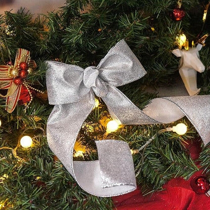 CT CRAFT LLC Glitter Wired Ribbon 2.5" x 20 Yards Silver for Christmas Home Decor Bow Gift Wrapping DIY Crafts Wreath