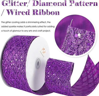 HUIHUANG Purple Wired Ribbon for Christmas Tree 2.5 inch Purple Glitter Diamond Mesh Ribbon for Tree Decoration, Wreaths, Garland, Gift Wrapping, Large Bows Making, Halloween Decor -10 Yards