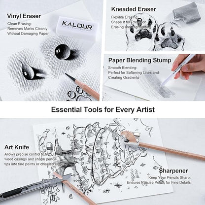 KALOUR 28 Pro Sketching Drawing Pencils Set – 14 Graphite Pencils (14B–5H), Charcoal Pencils, Erasers, Sharpener & Stumps – Complete Art Kit for Artists & Beginner