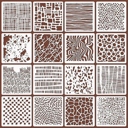 16 Pcs Layering Stencils for Painting, 6"x6" Mixed Texture Bubble Dot Waves Stone Crackle Splatter Geometric Stencils for Painting on Card Canvas, Mix Media Spray Paint Templates