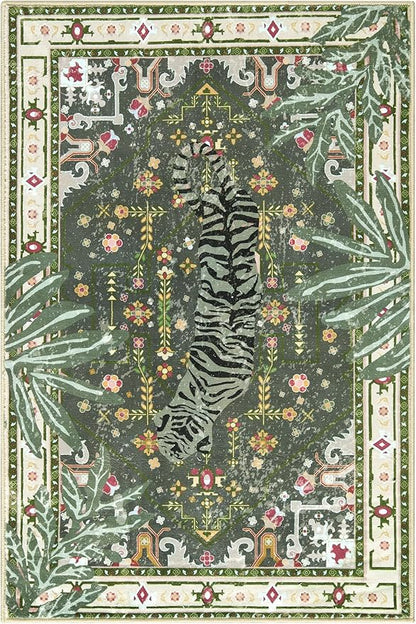 Oriental Tropical Entryway Rugs Washable, Greyish Green Boho Vintage Distressed Hippie 2x3 Throw Rugs for Bathroom Kitchen Entryway Indoor Non-Slip Abstract Botanical Tribal Accent Carpet