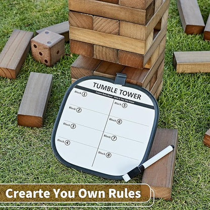 ApudArmis Giant Tumble Tower Stack to Over 5Ft, 60 PCS Pine Wooden Stacking Timber Game with 1 Dice Set - Classic Block Giant Game (7.48 * 2.48 * 1.5 in Each Block, Brown)