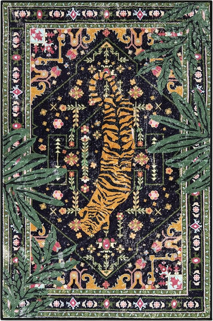 Oriental Tropical Entryway Rugs Washable, Thin Black Boho Vintage Distressed Hippie 2x3 Throw Rugs for Bathroom Kitchen Indoor Doormat Non-Slip Abstract Botanical Tribal Indian Accent Carpet