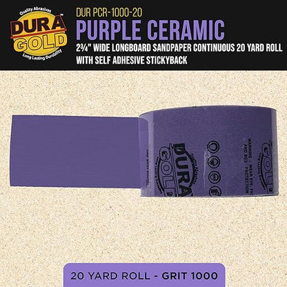 Dura-Gold Premium 1000 Grit PSA Purple Film Ceramic Longboard Sandpaper, 2-3/4" Wide Continuous 20 Yard Roll - Self Adhesive Stickyback for Auto & Wood Air File Long Board Sanders, Hand Sanding Blocks