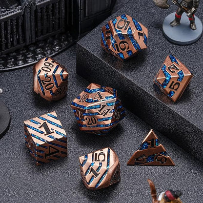Metallic Glitter Stripes D&D Dice Set,7 PCS Polyhedral Dice Set with Gift Metal Box for Dungeons and Dragons,DND Metal Dice for Tabletop Game (Antique Copper Blue)