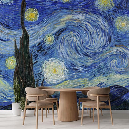 wall26 Wall Sticker/Wall Mural Starry Night by Vincent Van Gogh Dutch Impressionism, Not Peel and Stick, Non-Woven Wallpaper Decorative for Bedroom, Living Room, Office - 132x168 inches