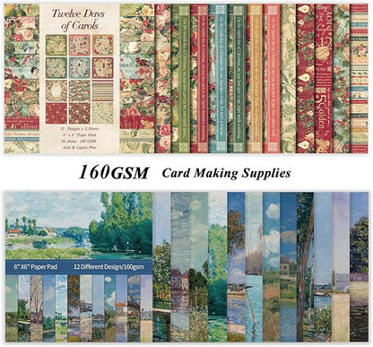 48 Sheets 24 Designs Scrapbook Paper Pad, 6"×6" Single-Sided Decopodge Craft Cardstock Paper,Scrapbooking DIY Decorative Background Cardmaking Supplies.Carols&Paintings
