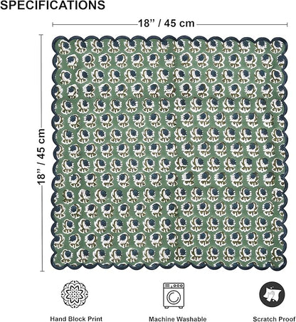 Ridhi Basil GreenHand Block Print Napkins 18" x 18" Set of 4 Reusable Cotton Dinner Napkins for Weddings, Parties & Everyday Dining, Thanksgiving, Christmas, Fall