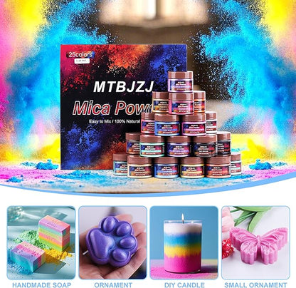 MTBJZJ Mica Powder for Resin, 25 Colors - 20g/Bottle of Epoxy Resin Color Pigment,for Candle Dye, Lip Gloss Pigment, Soap Making, Slime Colorant, Paint, Bath Bombs,Nail Polish and Eye Shadow