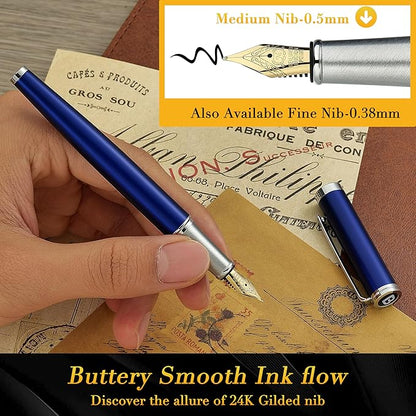 BEILUNER Luxury Fountain Pen Set,Solid 24K Gilded Medium Nib, Modern Classic Limited Edition -Includes 6 Ink Cartridges&Ink Refill Converter with Gift Case-Perfect for Men and Women（Charming blue）
