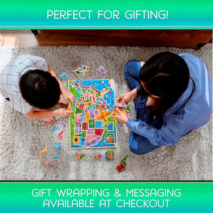 Montessori Mama USA Map Wooden Puzzle, Puzzles for Kids Ages 4-6 Educational Toys for 4 Year Old Kids Puzzles Ages 5-8 Landmarks, Animals, Capitols and States
