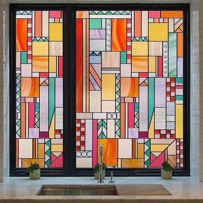 3D Stained Glass Window Privacy Film, Heat Control UV Blocking Static Cling Decorative Window Film for Bathroom,Front Door,Home Non Adhesive,16.9 x 39.3 inches Autumn Reverie