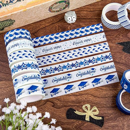 Whaline 12 Rolls Graduation Washi Tape Blue White Congrats Grad Washi Masking Tape Congratulations Star Grad Cap Decorative Paper Stickers for Graduation Scrapbook Gift Wrapping DIY Art Crafts