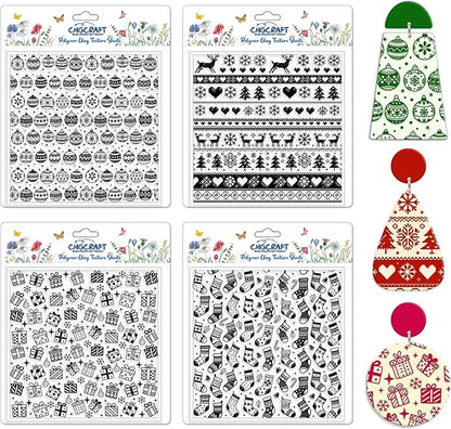 CHGCRAFT 4 Pcs Christmas Polymer Clay Texture Sheets Knitted Patterns Silicone Texture Stamp Snow Socks Clay Texture Mat Modeling Pattern Pad Sheets for Jewelry and Earrings Tools, 5.5x5.5 inch