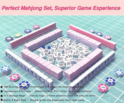 American Mahjong Tile Set – Complete 166 Tiles with Deluxe Accessories, 4 Racks, 100 Colorful Chips, Instruction Book & 1+3 Mahjong-Themed Storage Bags, Portable Mahjong Set for Family Fun & Holidays
