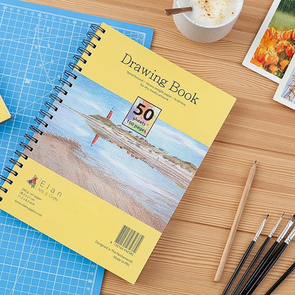 Elan A4 Drawing Book, 50 Sheets Italian Paper 90 lb/200 GSM, Acid-Free Sketch Book 11.7x8.3 Inch, White Drawing Paper Pad, A4 Sketchbook Spiral Bound