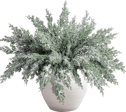 10 Packs 16.5" Artificial Christmas Snow Pine Branches, Snow Flocked Faux Greenery Norfolk Pine Sprigs Cypress Stems, White Frosted Fake Foliage Pine Needle Picks for DIY Craft Garland Home Decor