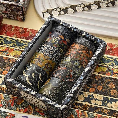 12 Rolls Kyoto Charm Washi Tape Set Japanese Arts Adhesive Tapes Geometric Garden Decorative Masking Tape Sets for Craft, Kids, Scrapbook, DIY, Gift Wrapping (Cerulean Showa)