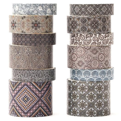12 Rolls Exotic Charm Washi Tape Set Floral Arts Adhesive Tapes Geometric Garden Decorative Masking Tape Sets for Craft, Kids, Scrapbook, DIY, Gift Wrapping (Inked Gold)