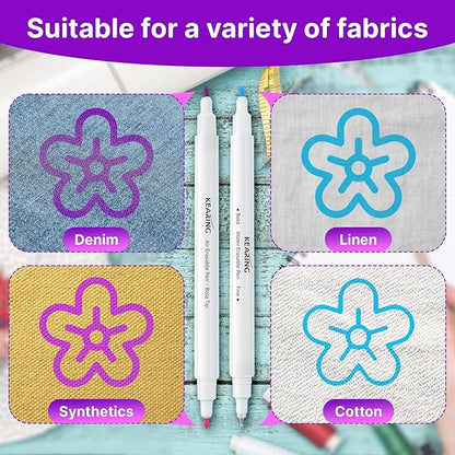 Fabric Markers for Sewing, 5 Count Pack, Includes 2 Water Soluble Fabric Marker 2 Air Erasable Pens 1 Eraser Marker, Disappearing Ink Pen, Sewing Quilting Embroidery Supplies