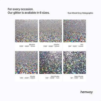 Hemway Polyurethane & Epoxy Resin Glitter 100g / 3.5oz Metallic Crystal Flake Additive for Flooring Jewelry Tumblers Glass Pigment - Extra Chunky (1/24" 0.040" 1mm) - Gun Metal Grey Holographic