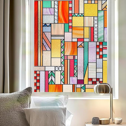3D Stained Glass Window Privacy Film, Heat Control UV Blocking Static Cling Decorative Window Film for Bathroom,Front Door,Home Non Adhesive,35.4 x 78.7 inches Autumn Reverie