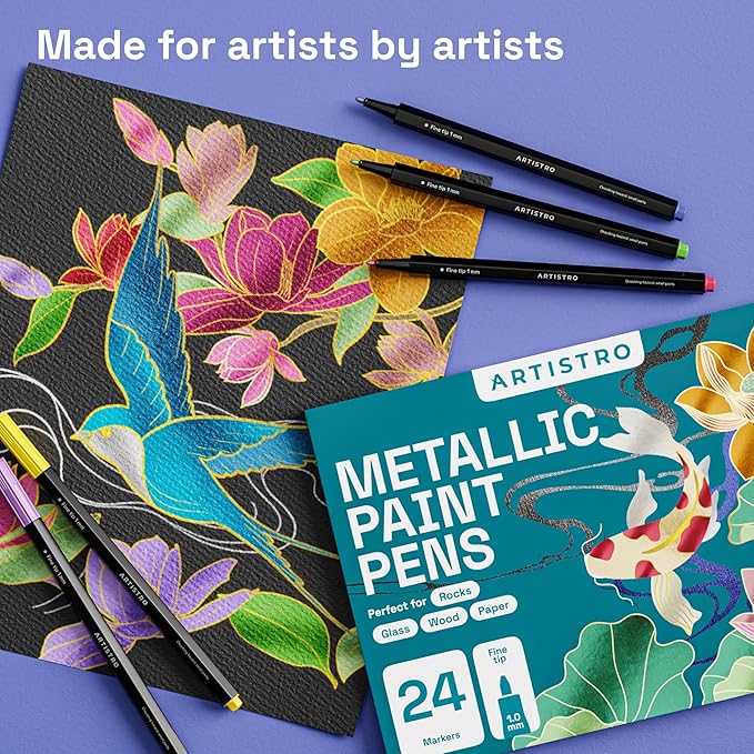 ARTISTRO Paint Pens for Rock Painting, Stone, Ceramic, Glass, Wood, Fabric, Scrapbooking, DIY Craft Making (24 Metallic Fine Tip)