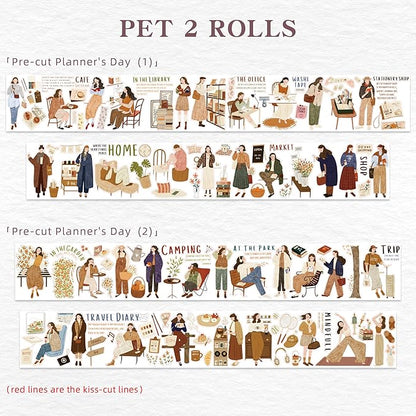 WT Pre-Cut Planner’s Day PET Tape Set, 2 Rolls, Original Designs, Waterproof Decorative Masking Tape for Journals, Planners, Scrapbooking, DIY Paper Projects