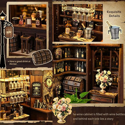 ISSEVE Book Nook Kit - DIY Miniature House Kit for Adults, Teens and Beginners, Corner Tavern Dollhouse Booknook Tiny House Bookshelf Decor 3D Wooden Puzzle, Gifts for Friends Family (Corner Tavern)