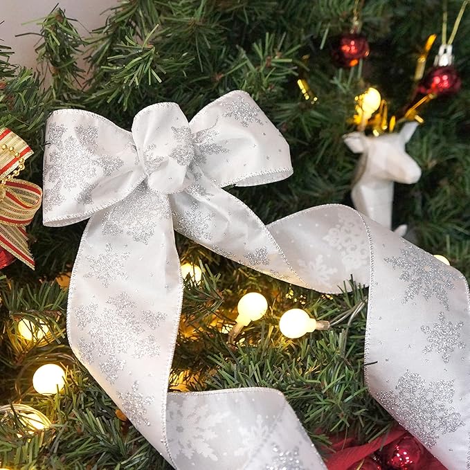 CT CRAFT LLC White Satin with Silver Snowflake Wired Ribbon 2.5 Inch x 10 Yards for Christmas Home Decor Tree Topper Bow Gift Wrapping DIY Crafts Wreath Garland