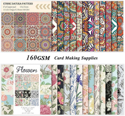 48 Sheets 24 Designs Scrapbook Paper Pad, 6"×6" Single-Sided Decopodge Craft Cardstock Paper,Scrapbooking DIY Decorative Background Cardmaking Supplies.Datura&Flowers