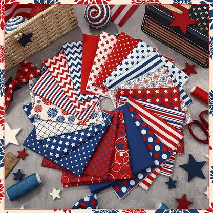 Ganeen 60 Pcs 10 x 10 Inch Vintage Patriotic Quilting Fabric Squares Red Blue White Fabric Bundle Retro 4th of July Fat Patchwork Precut Stripes for Memorial Day Handmade Material Sewing DIY Crafts
