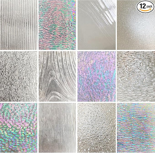 ILLUCKAI 12 Sheets Clear Textured Stained Glass Sheet, 4 x 6 inch Rainbow Iridescent Cathedral Art Glass Variety Textures, Stained Glass Supplies for Stained Glass Projects and Mosaic Crafts