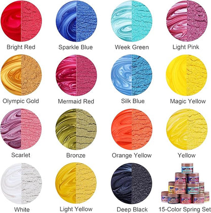 MTBJZJ Mica Powder for Resin, 15 Colors - 20g/Bottle of Epoxy Resin Color Pigment,for Candle Dye, Lip Gloss Pigment, Soap Making, Slime Colorant, Paint, Bath Bombs,Nail Polish and Eye Shadow