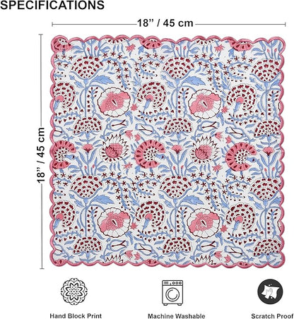 Ridhi Pigeon Blue Hand Block Print Napkins 18" x 18" Set of 4 Reusable Cotton Dinner Napkins for Weddings, Parties & Everyday Dining, Thanksgiving, Christmas, Fall
