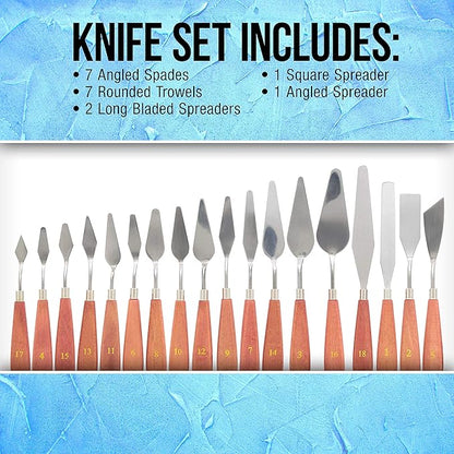 U.S. Art Supply 18-Piece Stainless Steel Palette Knife Set for Acrylic Painting - Wood Handle Paint Spatula Tools for Oil, Canvas Art - Painting Knives for Mixing, Texturing - Pallet Knives for Art
