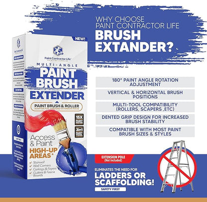 Multi-Angle Paint Brush Extender - Extension Pole Attachment Holder for Paint Brush, Roller, Scraper - for Walls, Trims, Corners, Ceilings & Hard to Reach Areas - Rotating Head, Secure Handle Grip