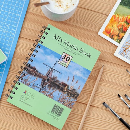 Elan A5 Mixed Media Journal, 30 Sheets Italian Paper 110 lb/250 GSM, Acid-Free Mixed Media Sketchbook 8.3x5.8 Inch, A5 Sketchbook Spiral Bound