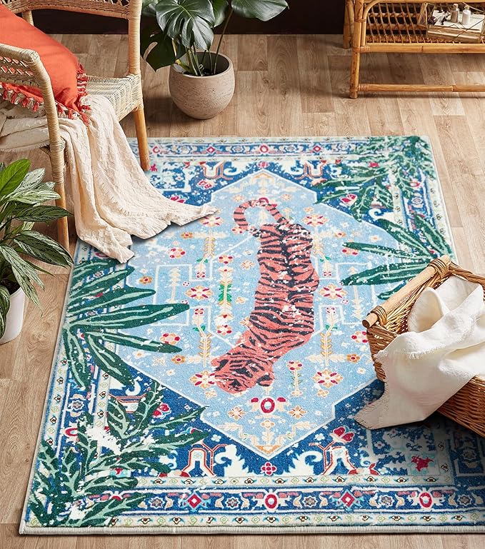 Washable Blue Rugs Thin Oriental Boho Vintage Tropical Jungle 9x12 Area Rugs for Bedroom Kitchen Dining Living Room Office Distressed Indoor Large Carpet