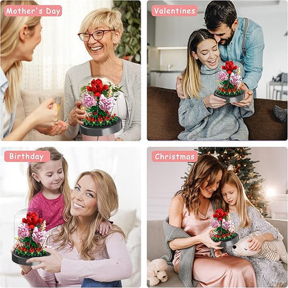 Flower Bouquet Building Kit, 524 Pcs Mini Bricks Building Blocks Sets, Forever Rose Decorated Flower with Dust Cover, Valentine's Day Gifts for Her Mom Women (Rose Flower)