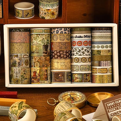 36 Rolls Vintage Washi Tape Pack Retro Arts Adhesive Tapes Wide Chronicle Decorative Masking Tape Sets for Craft, Kids, Scrapbook, DIY, Gift Wrapping (Globetrotting)