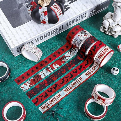 Whaline 12 Rolls Halloween Bloody Washi Tapes Blood Spatter Spooky Bloodstain Skull Ghost Masking Tapes 15mm Scary Bloody Washi Tape Set for Scrapbook Journal DIY Craft Gift Wrapping, 16.4Ft