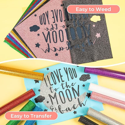 HTVRONT Glitter HTV Heat Transfer Vinyl Bundle: 10 Pack 12"x12" Iron on Vinyl for T-Shirt (1 PTFE Sheet Included), PU HTV Easy to Cut & Weed for Heat Design