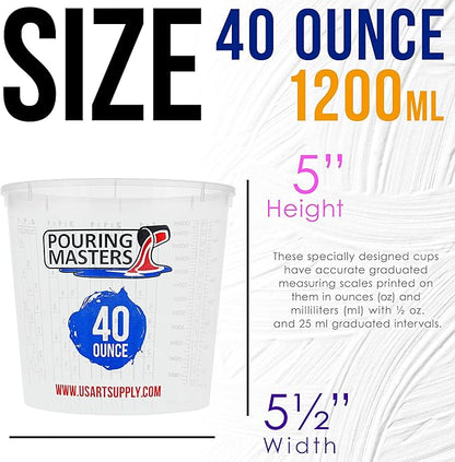 Pouring Masters 40 Ounce (1200ml) Graduated Plastic Mixing Cups (Box of 24) - Paint Mixing Cups for Epoxy Resin, Art, Kitchen, Baking - Measurements in OZ and ML, 4 Different Measuring Ratios 1:1