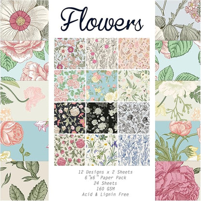 24 Sheets 12 Designs Scrapbook Paper Pad,6"×6” Single-Sided Decopodge Craft Cardstock Paper, Christmas Scrapbooking DIY Decorative Background Cardmaking Supplies.Flowers