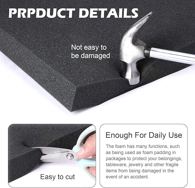 DECOHS 6 PCS Polyurethane Foam Sheet-16x12x1 Inch Cuttable Foam Inserts for Cases-Packing Foam Pads for Toolbox Camera Storage and Crafts