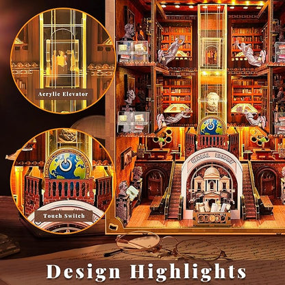 Book Nook Kit, Global Library Booknook with LED Light, DIY Miniature Dollhouse, Dual Power Options (Battery/Type-C), Unique Bookshelf Decor, Gift for Adults and Teens