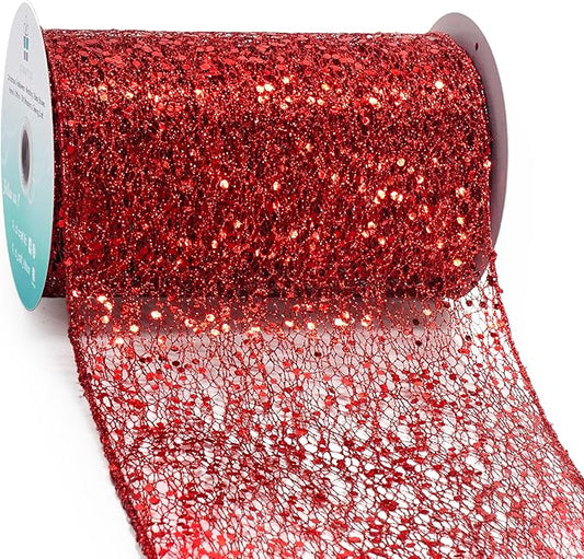 CT CRAFT LLC Sparkling Glitter Mesh Wired Ribbon 6" x 10 Yards Red for Christmas Home Decor Bow Gift Wrapping DIY Crafts Wreath