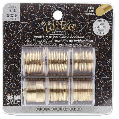 The Beadsmith Craft Wire Assortment - Tarnish-Resistant Copper Wire for Jewelry Making, 6-Pack, 0.75-Inch Mini Spools, Varying Lengths, 16-24 Gauge, Gold Color, Medium Temper